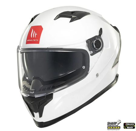 Casca integrala MT Braker SV A0 alb lucios (ochelari soare integrati) – tip viziera: MT-V-28B – DKS435 – punctaj maxim SHARP Test – 5 stele [1]