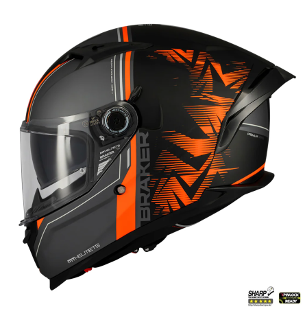 Casti Integrale Mt Helmets - Casca integrala MT Braker SV Charm B4 negru/portocaliu mat (ochelari soare integrati) – tip viziera: MT-V-28B – DKS435 – punctaj maxim SHARP Test – 5 stele