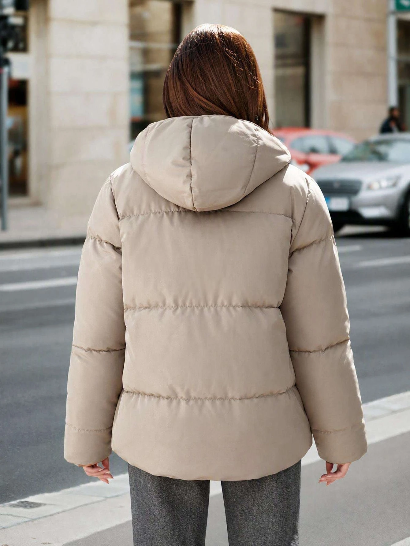 Geacă damă iarnă scurtă puffer gri cu glugă [3]