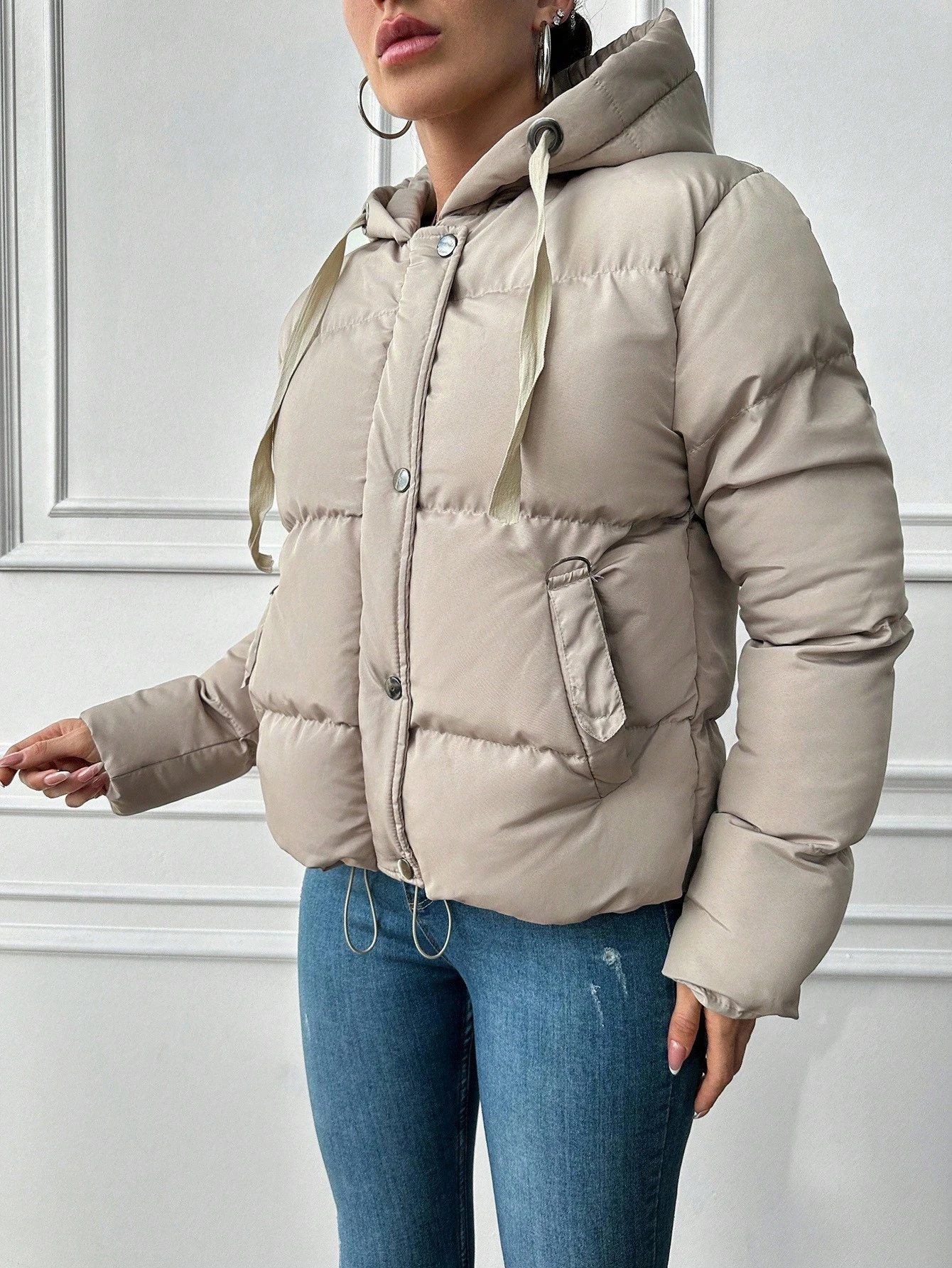 Geacă damă iarnă scurtă puffer gri cu glugă [4]