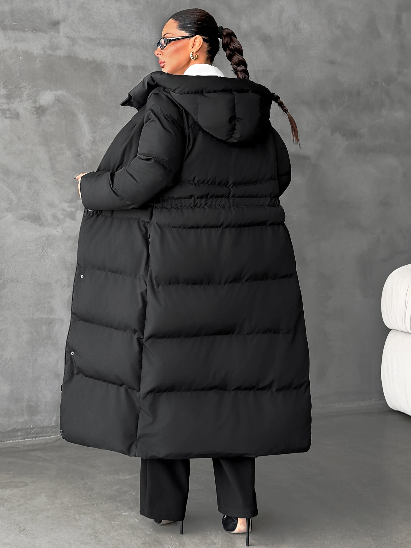 Geacă damă lungă de iarnă neagră puffer cu glugă [3]