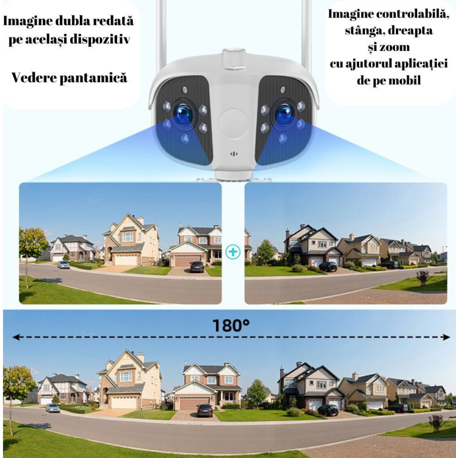 Camera de supraveghere dual, vedere panoramica, 180° fiecare obiectiv, WIFI, 1080P Ultra HD, zoom de 100x, comunicare bidirectionala, senzor de miscare cu declansare alarma automata, Night Vision, Led [7]
