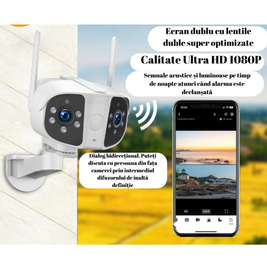 Camera de supraveghere dual, vedere panoramica, 180° fiecare obiectiv, WIFI, 1080P Ultra HD, zoom de 100x, comunicare bidirectionala, senzor de miscare cu declansare alarma automata, Night Vision, Led [3]