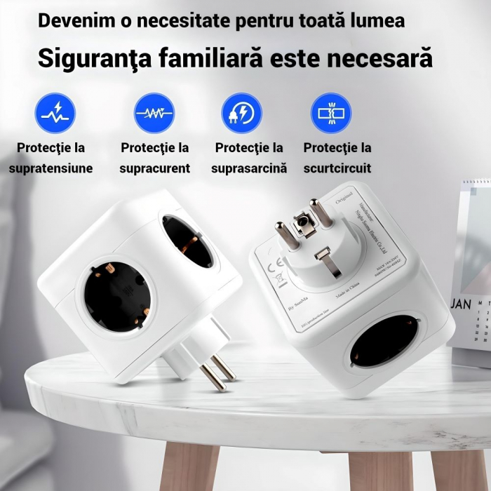 Adaptor Priza Tip Cub 7 in 1 SERBY®, Stecher cubic 4x prize(4000W) 2 x USB, 1 xType C, Protectie Copii, Protectie La Supratensiune Si Scurtcircuit, Alb [4]