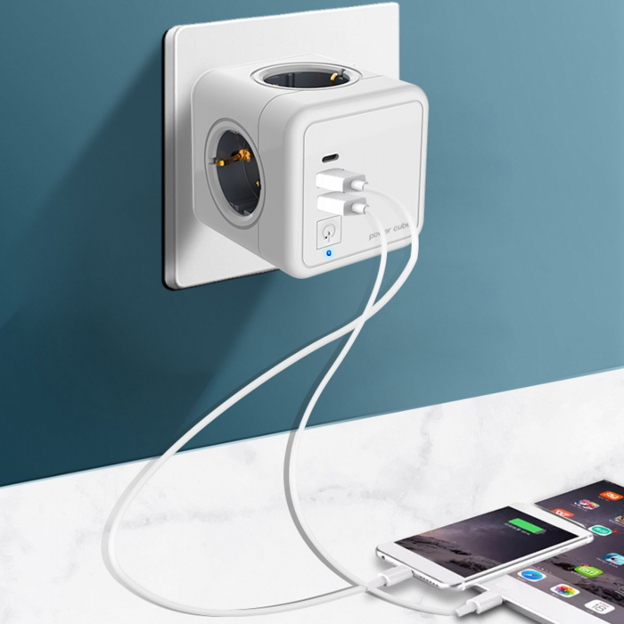 Adaptor Priza Tip Cub 7 in 1 SERBY®, Stecher cubic 4x prize(4000W) 2 x USB, 1 xType C, Protectie Copii, Protectie La Supratensiune Si Scurtcircuit, Alb [2]
