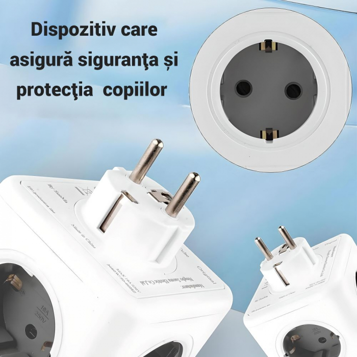 Adaptor Priza Tip Cub 7 in 1 SERBY®, Stecher cubic 4x prize(4000W) 2 x USB, 1 xType C, Protectie Copii, Protectie La Supratensiune Si Scurtcircuit, Alb [5]