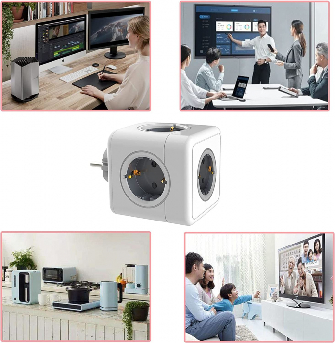 Adaptor Priza Tip Cub 7 in 1 SERBY®, Stecher cubic 4x prize(4000W) 2 x USB, 1 xType C, Protectie Copii, Protectie La Supratensiune Si Scurtcircuit, Alb [1]