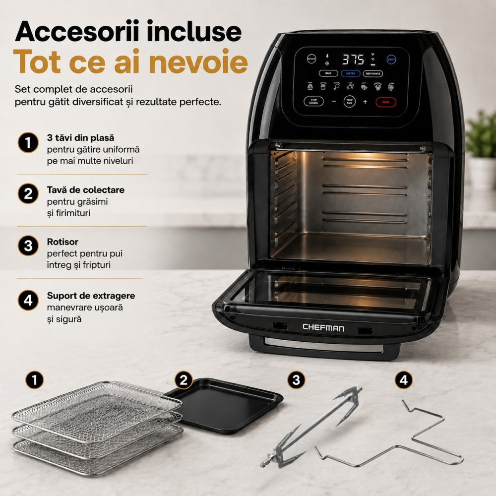 Airfryer Chefman® 10L, 1800W, Cuptor cu Convectie, Rotisor, Deshidrator, 17 Programe + Prelungitor Profesional 3000W, 5 m [4]