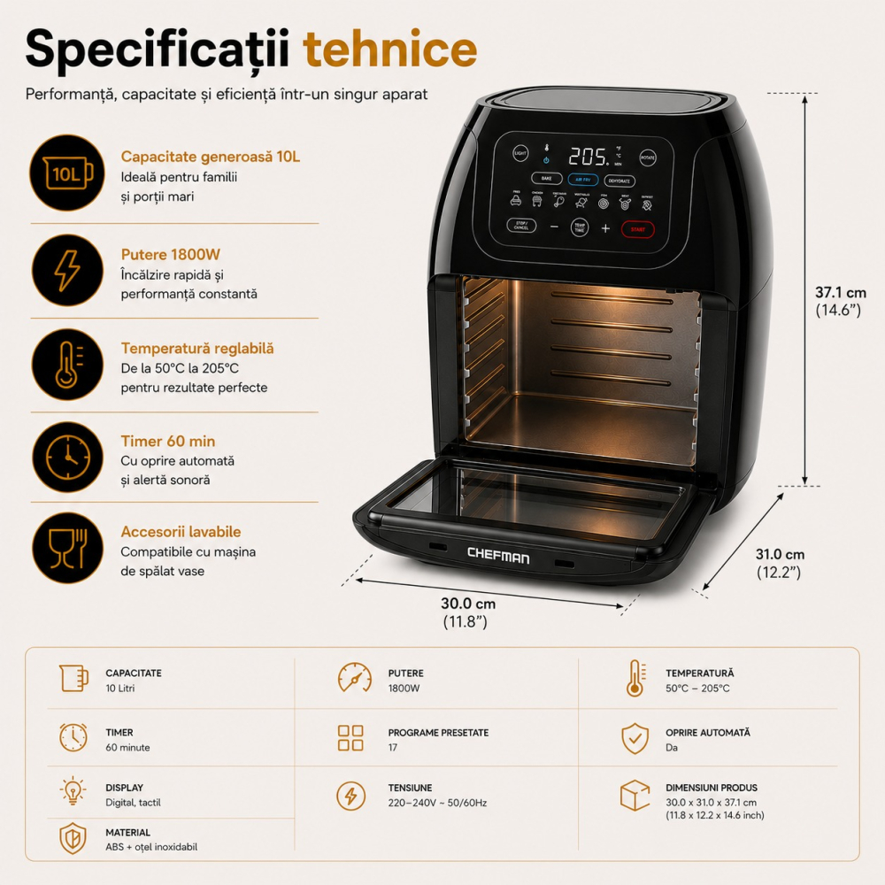 Airfryer Chefman® 10L, 1800W, Cuptor cu Convectie, Rotisor, Deshidrator, 17 Programe + Prelungitor Profesional 3000W, 5 m [5]