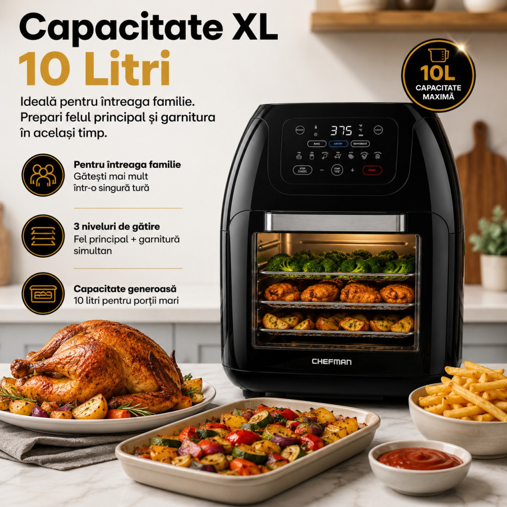 Airfryer Chefman® 10L, 1800W, Cuptor cu Convectie, Rotisor, Deshidrator, 17 Programe + Prelungitor Profesional 3000W, 5 m [3]