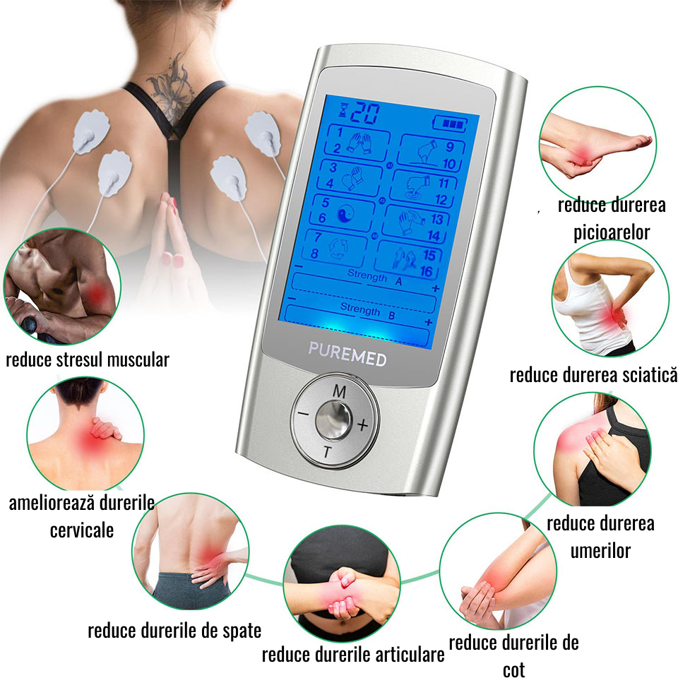 Aparat De Masaj Cu Electrostimulare/Fizioterapie, Stimulator cu 16 moduri Dual Chanel, Cu 20 Niveluri De Intensitate, 4 Electrozi, Doua Canale De Utilizare, 16 Programe De Masaj, Pentru ameliorarea du [2]