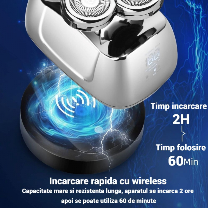 Aparat de ras 7D , rezistenta la apa IPX6, cu 6 capete de schimb, cu statie de incarcare rapida, autonomie de 60 de minute, afisaj cu LED [5]