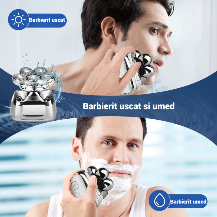 Aparat de ras 7D , rezistenta la apa IPX6, cu 6 capete de schimb, cu statie de incarcare rapida, autonomie de 60 de minute, afisaj cu LED [4]
