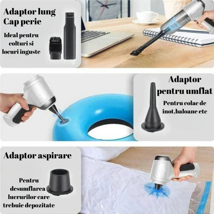 Aspirator portabil SERBY pentru masina cu baterie litiu 2000mAh, fara fir, aspirare umeda, uscata si suflare, 120w, gri [4]