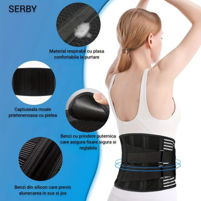 Brau lombar SERBY®, centura sustinere pentru sala, material respirabil, neagra [4]