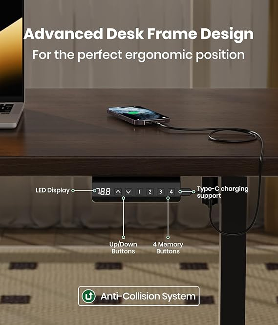 Cadru Birou Reglabil Electric Serby®, 2 Motoare, Reglabil Pe Inaltime 71-180 cm, Sarcina Maxima 150 kg, Functie De Control Memorie Si Afisaj Digital, Anti-Coliziune, Incarcare Type-C, Negru [3]