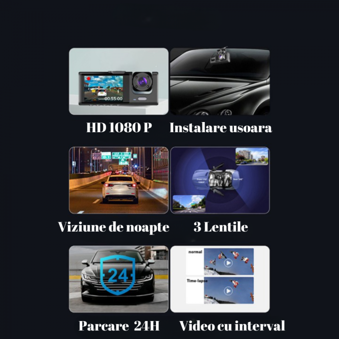 Camera auto DVR, vizualizare 170°, 3 camere, ecran 2", vizualizare nocturna, full HD 1080 P, detectare miscare [3]