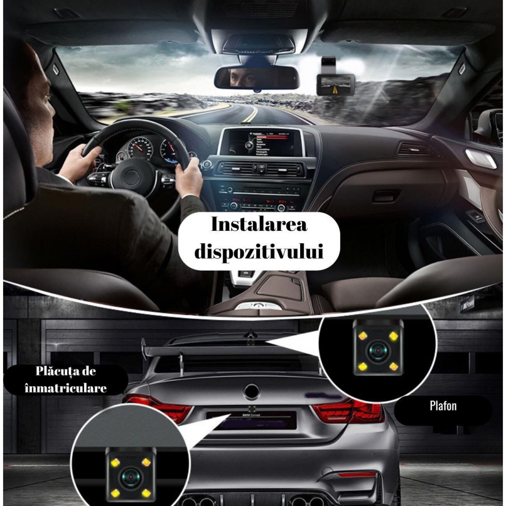 Camera auto WIFI, Dual Cam Pro, ADAS, unghi de filmare de 150 °, rezistenta anti soc, senzor G, monitorizare a parcarii, ecran LCD de 3 inch, functie de focalizare asupra placutelor de inmatriculare, [7]