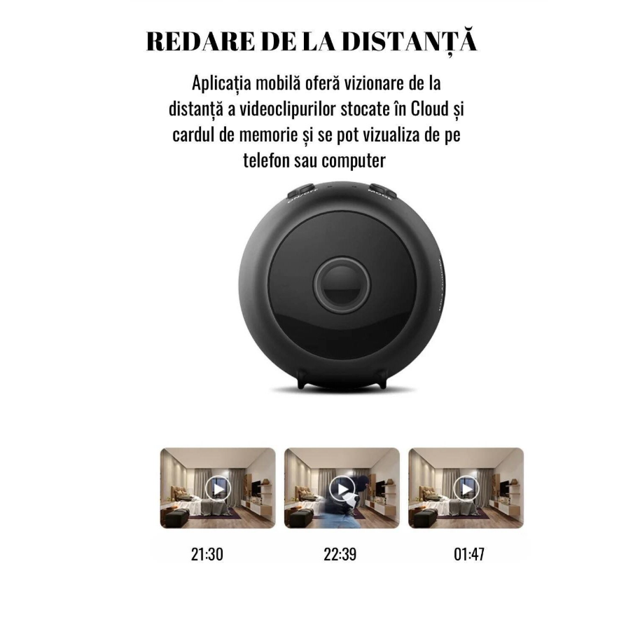 Camera de supraveghere mini spion, 1080P, HD, 360 de grade, vedere cu infrarosu pe timp de noapte, controlabila prin aplicatie mobila, senzor de detectare a miscarii, unghi de vizualizare de 150 grade [2]