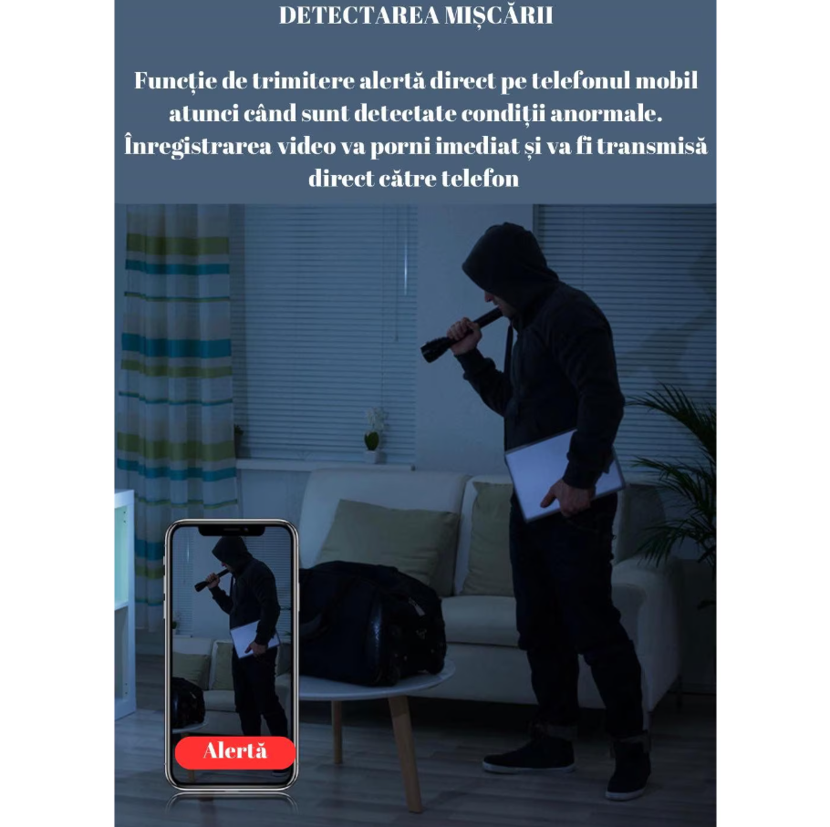 Camera de supraveghere mini spion, Wifi, controlabila prin telefon, vedere nocturna in infrarosu, stocare automata in cloud, full HD, 1080P, 150 grade unghi de filmare, functie de inregistrare in bucl [8]