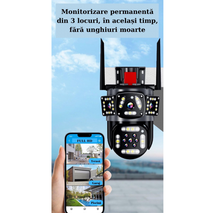 Camera de Supraveghere Tripla WIFI, 12MP, Exterior/Interior, Ultra HD, 10x zoom manual, 10x zoom electronic, rotire 360°, Leduri, Comunicare bidirectionala, Senzor de miscare cu declansare alarma lumi [3]