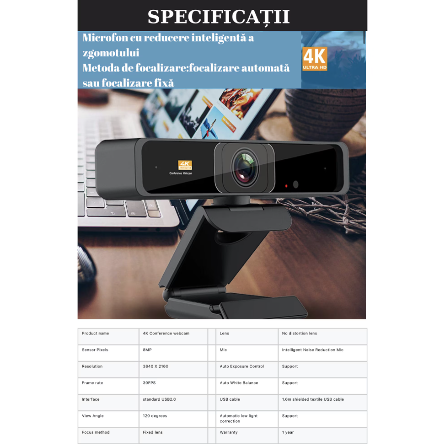 Camera web 4K HD, 8MP, cu support incorporate si telecomanda pentru controlul imaginii [6]