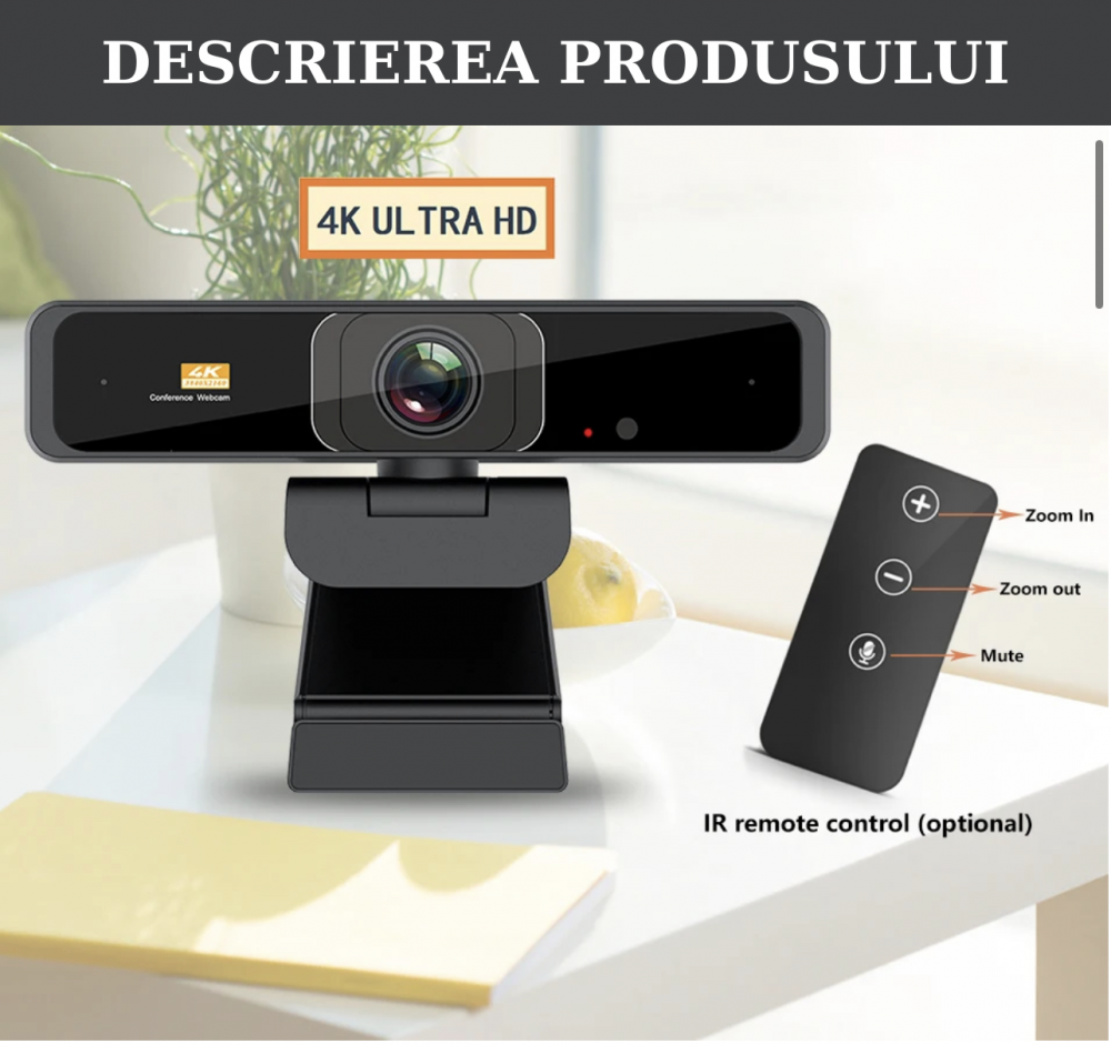 Camera web 4K HD, 8MP, cu support incorporate si telecomanda pentru controlul imaginii [11]