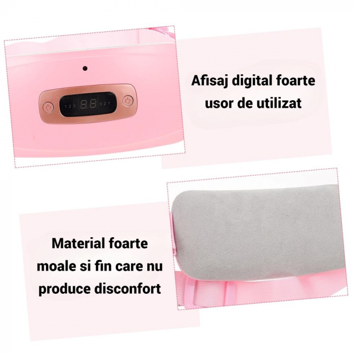 Aparat centura abdominala pentru incalzire si masaj, alina durerile menstruale, abdominale si lombare, portabila, 3 trepte de vibromasaj, si 3 niveluri de caldura, acumulator 1800Mah, roz [4]
