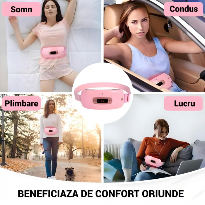 Aparat centura abdominala pentru incalzire si masaj, alina durerile menstruale, abdominale si lombare, portabila, 3 trepte de vibromasaj, si 3 niveluri de caldura, acumulator 1800Mah, roz [5]