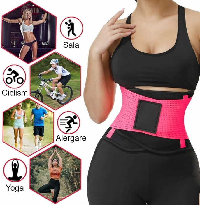 Centura abdominala SERBY®, pentru fitnes si conturarea taliei, material respirabil, , negru cu roz [1]