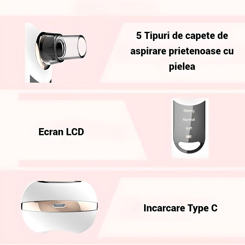 Dispozitiv SERBY pentru Îndepărtarea Punctelor Negre și Curățarea Porilor, 3 Niveluri de Putere, 5 Capete Interșchimbabile, Încărcare USB, Alb [7]