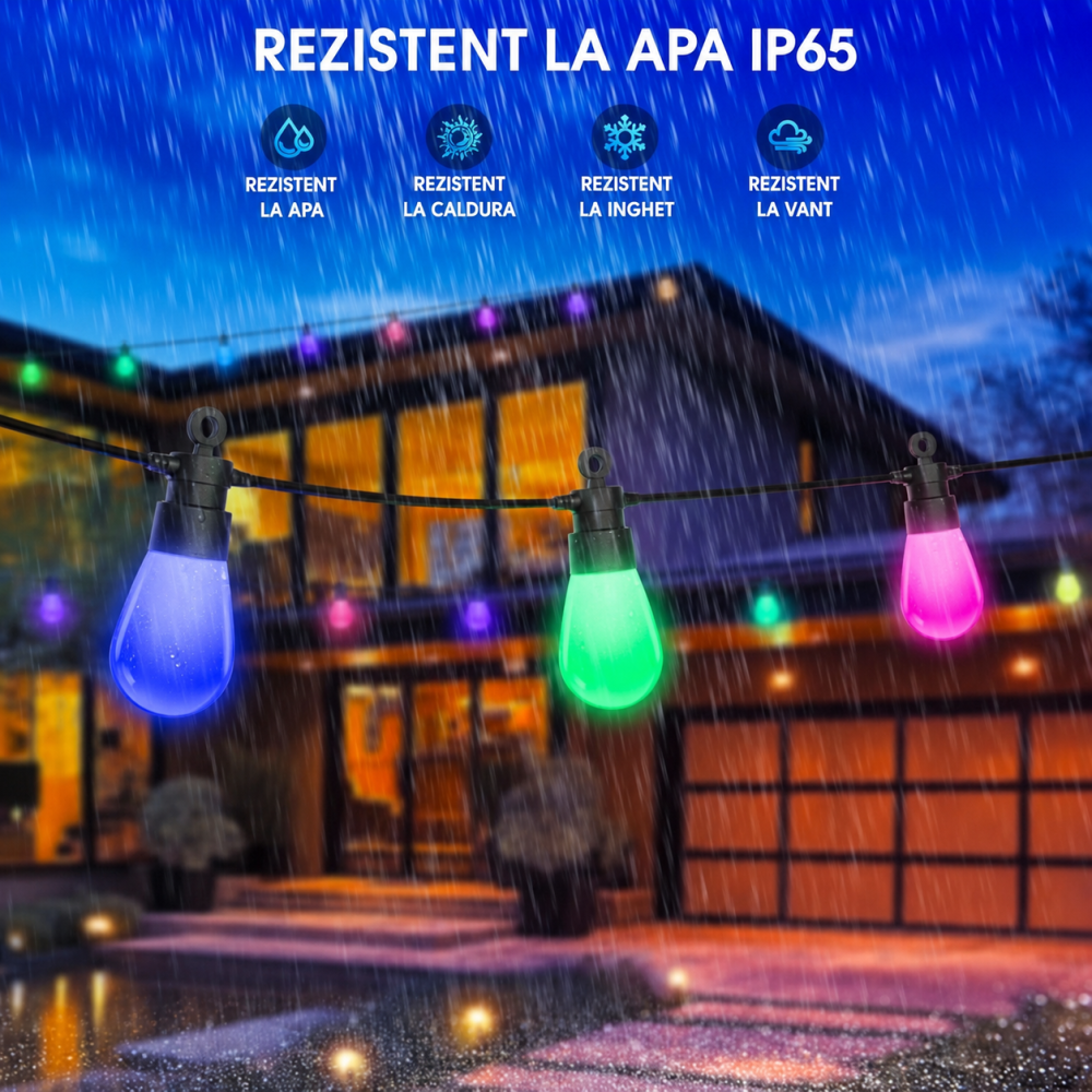 Ghirlanda LED RGB Exterior/Interior 21.1 m, IP65, 19 Becuri + 1 LED Rezerva, 15 Culori, 7 Moduri Iluminare, Telecomanda 32 Butoane, instalatie cu Timer 4H/6H/8H, Viteza Reglabila, Memorie, Terasa, Gra [4]
