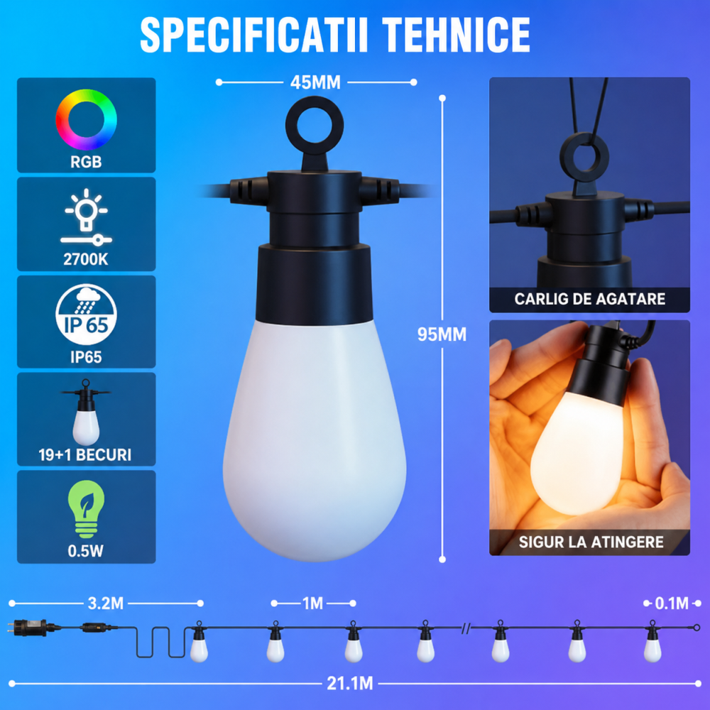 Ghirlanda LED RGB Exterior/Interior 21.1 m, IP65, 19 Becuri + 1 LED Rezerva, 15 Culori, 7 Moduri Iluminare, Telecomanda 32 Butoane, instalatie cu Timer 4H/6H/8H, Viteza Reglabila, Memorie, Terasa, Gra [5]