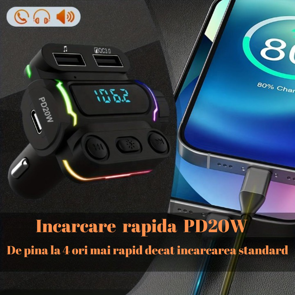 N032 Modulator FM SERBY®, bluetooth 5.0, incarcator auto cu incarcare rapida, USB 3.0, Type C20 W, MP3 Player, 7 culori, Negru [7]