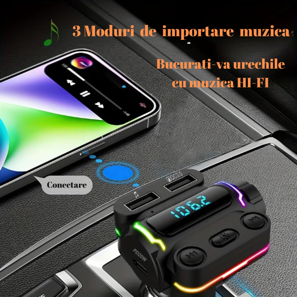 N032 Modulator FM SERBY®, bluetooth 5.0, incarcator auto cu incarcare rapida, USB 3.0, Type C20 W, MP3 Player, 7 culori, Negru [6]