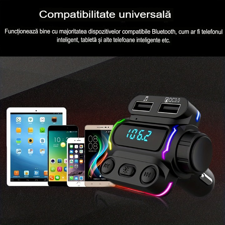 N032 Modulator FM SERBY®, bluetooth 5.0, incarcator auto cu incarcare rapida, USB 3.0, Type C20 W, MP3 Player, 7 culori, Negru [2]