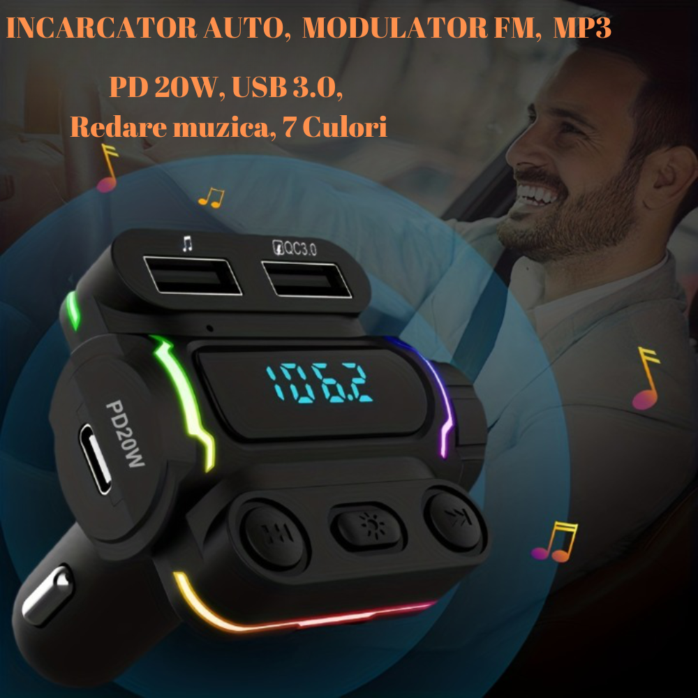 N032 Modulator FM SERBY®, bluetooth 5.0, incarcator auto cu incarcare rapida, USB 3.0, Type C20 W, MP3 Player, 7 culori, Negru [3]