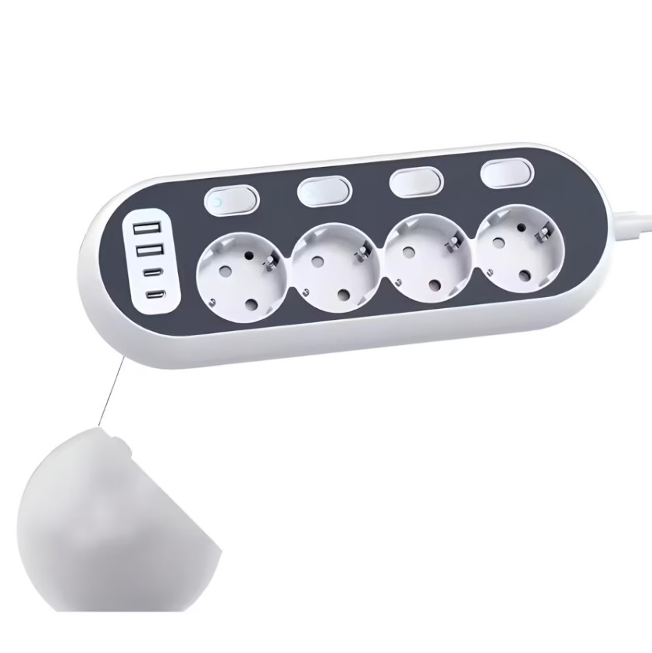 Prelungitor pentru blat, birou, colt, perete, Serby®, multifunctional, 4 prize si 4 Usb, Type A si C, control separat la fiecare priza, alb [1]