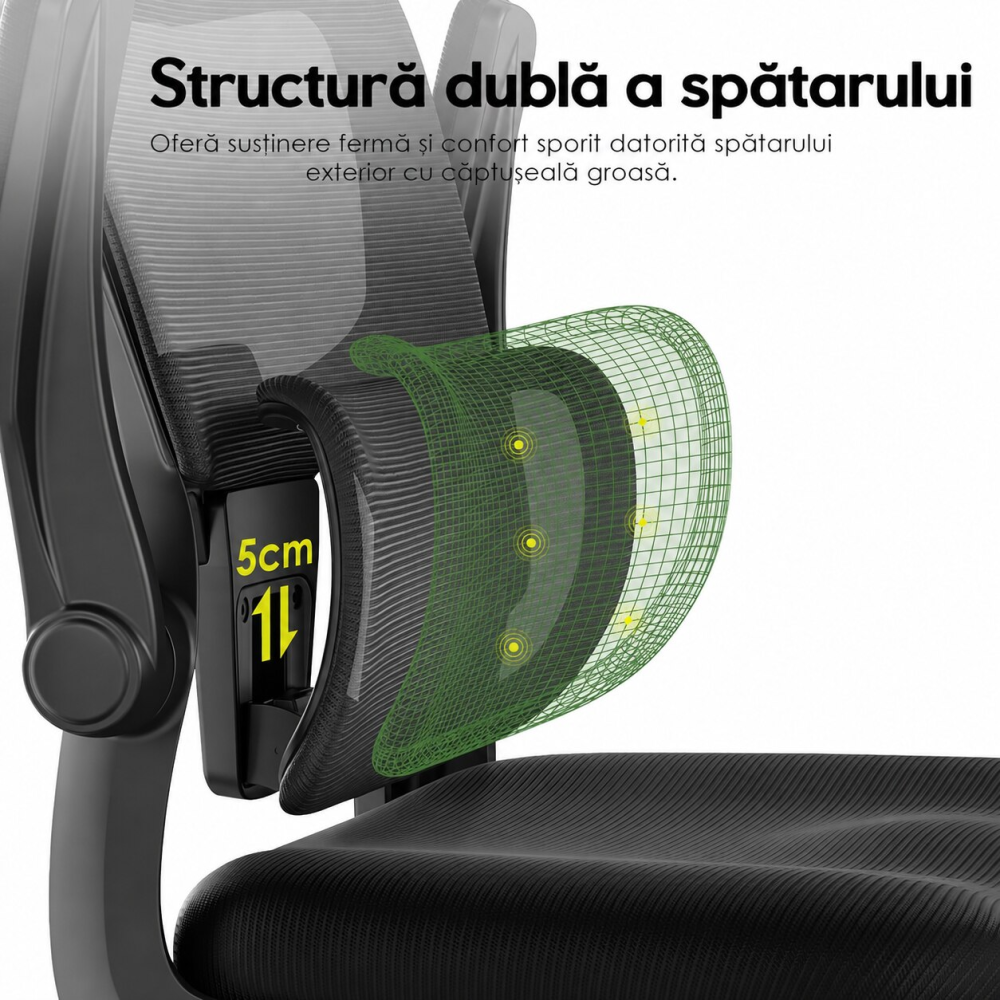 Scaun ergonomic pentru birou si calculator, Suporta 136 Kg, reglabil pe inaltime, cu tetiera si suport lombar, brate rabatabile 90°, rotire 360°, rotile silentioase, tapiterie respirabila, confort sporit pentru acasa sau birou, Negru [6]
