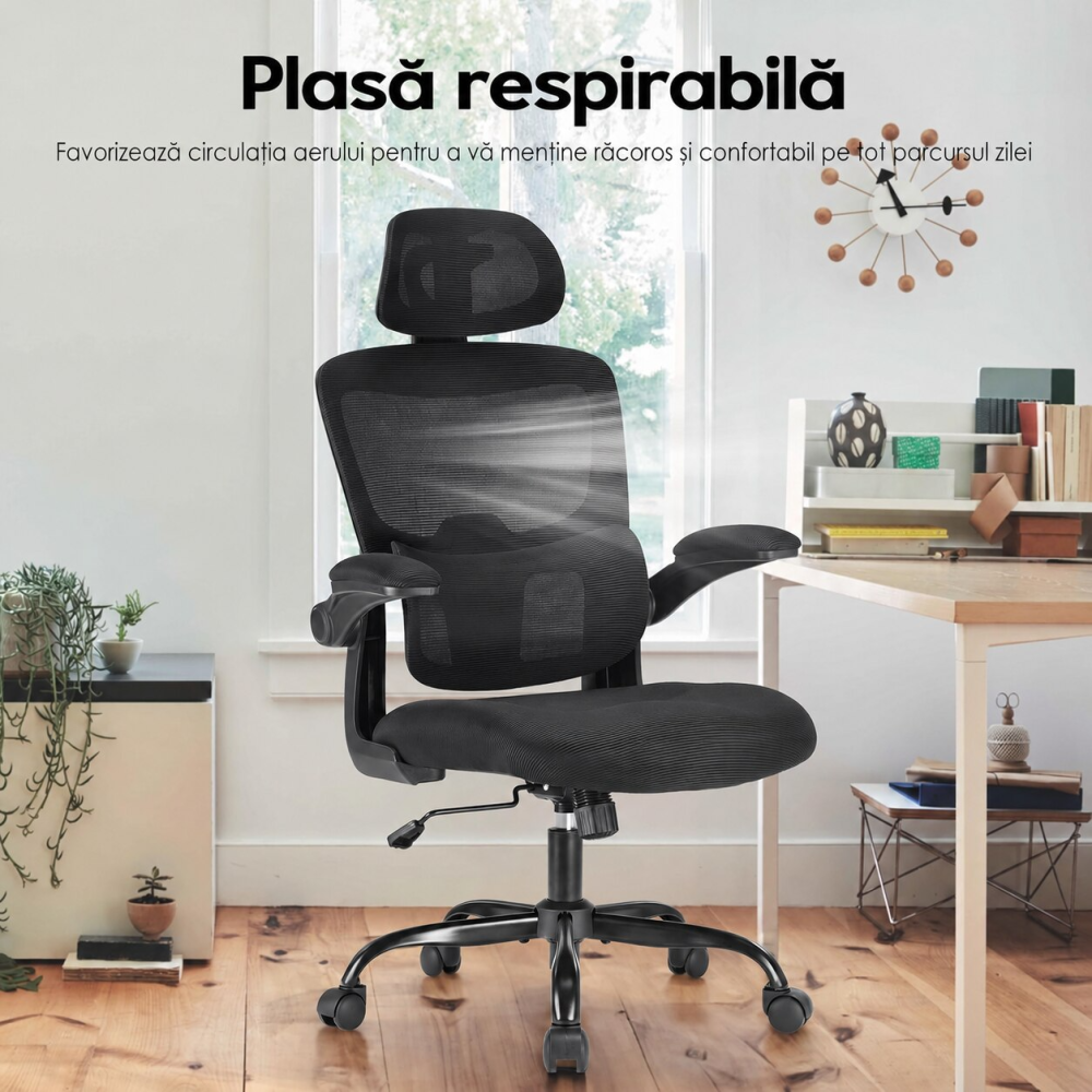 Scaun ergonomic pentru birou si calculator, Suporta 136 Kg, reglabil pe inaltime, cu tetiera si suport lombar, brate rabatabile 90°, rotire 360°, rotile silentioase, tapiterie respirabila, confort sporit pentru acasa sau birou, Negru [4]