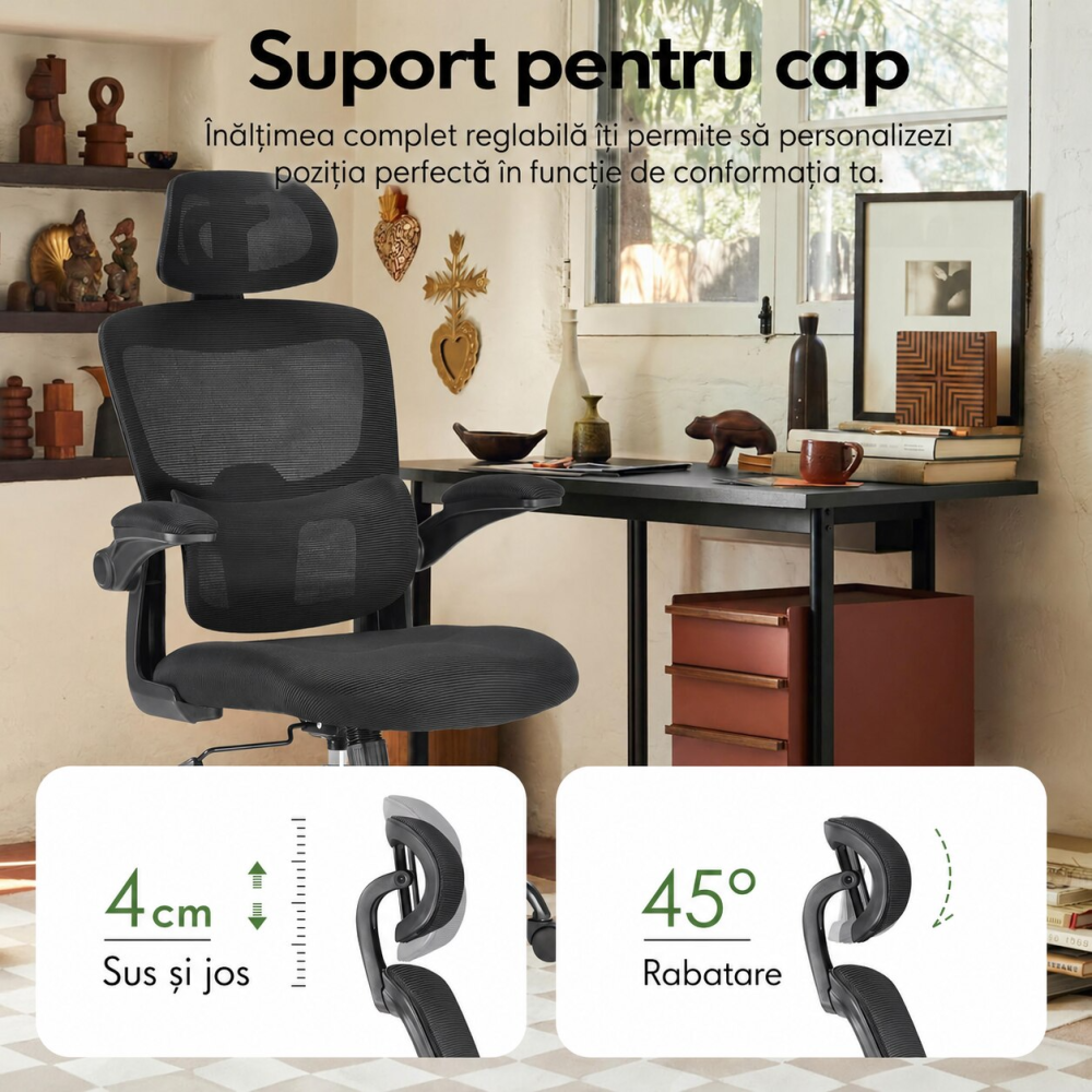 Scaun ergonomic pentru birou si calculator, Suporta 136 Kg, reglabil pe inaltime, cu tetiera si suport lombar, brate rabatabile 90°, rotire 360°, rotile silentioase, tapiterie respirabila, confort sporit pentru acasa sau birou, Negru [5]