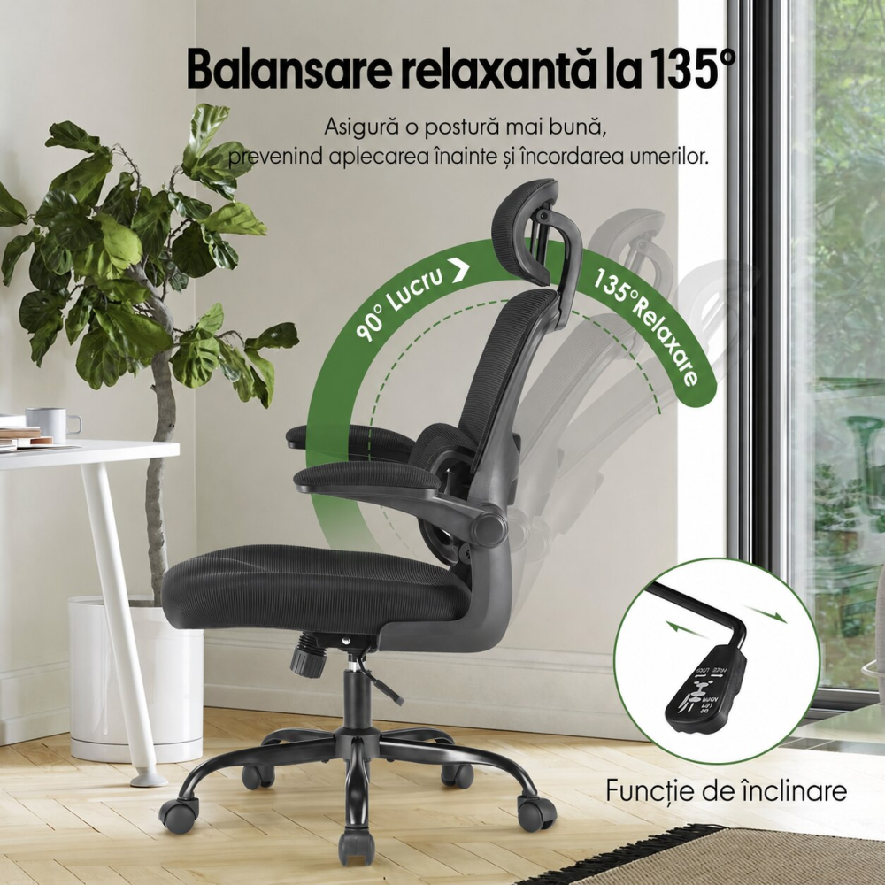 Scaun ergonomic pentru birou si calculator, Suporta 136 Kg, reglabil pe inaltime, cu tetiera si suport lombar, brate rabatabile 90°, rotire 360°, rotile silentioase, tapiterie respirabila, confort sporit pentru acasa sau birou, Negru [7]