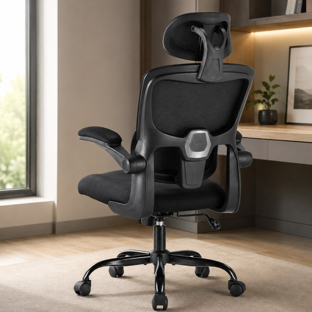 Scaun ergonomic pentru birou si calculator, Suporta 136 Kg, reglabil pe inaltime, cu tetiera si suport lombar, brate rabatabile 90°, rotire 360°, rotile silentioase, tapiterie respirabila, confort sporit pentru acasa sau birou, Negru [2]