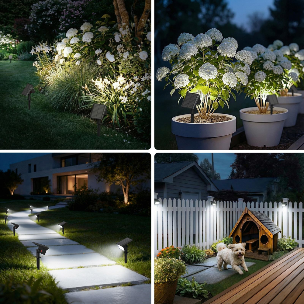 Set 4 Lampi Solare LED Exterior 60 LED/Lampa, Proiector solar IP68, Lumina Alb Rece 6500K, 3 Trepte Luminozitate, Acumulator 1500 mAh, Senzor Zi/Noapte, Montaj Sol/Perete, Gradina, Curte [8]