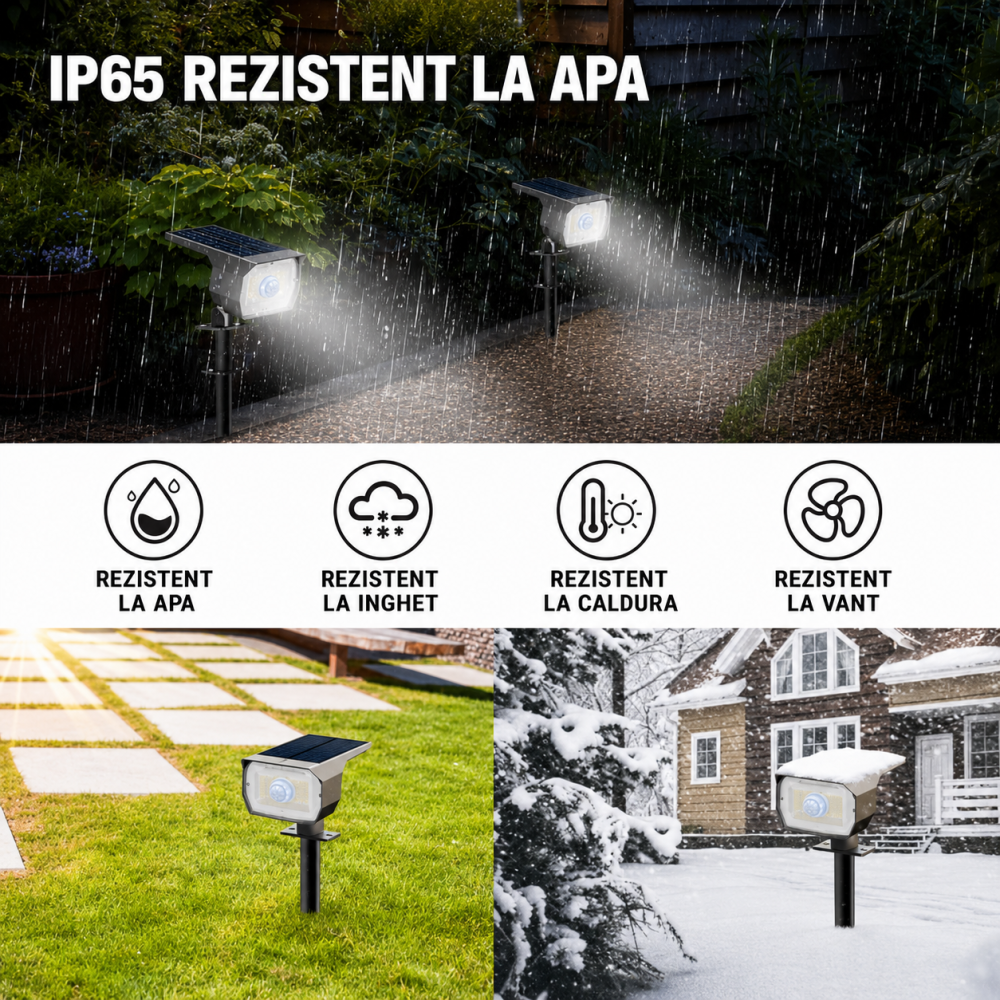 Set 4 Lampi Solare LED Exterior cu Senzor Miscare PIR, Proiector solar IP65, 56 LED/Lampa, 3 Moduri Iluminare, Lumina Alb Rece 6500K, Panou Solar Senzor Zi/Noapte, Montaj Sol/Perete, Gradina, Curte, A [3]
