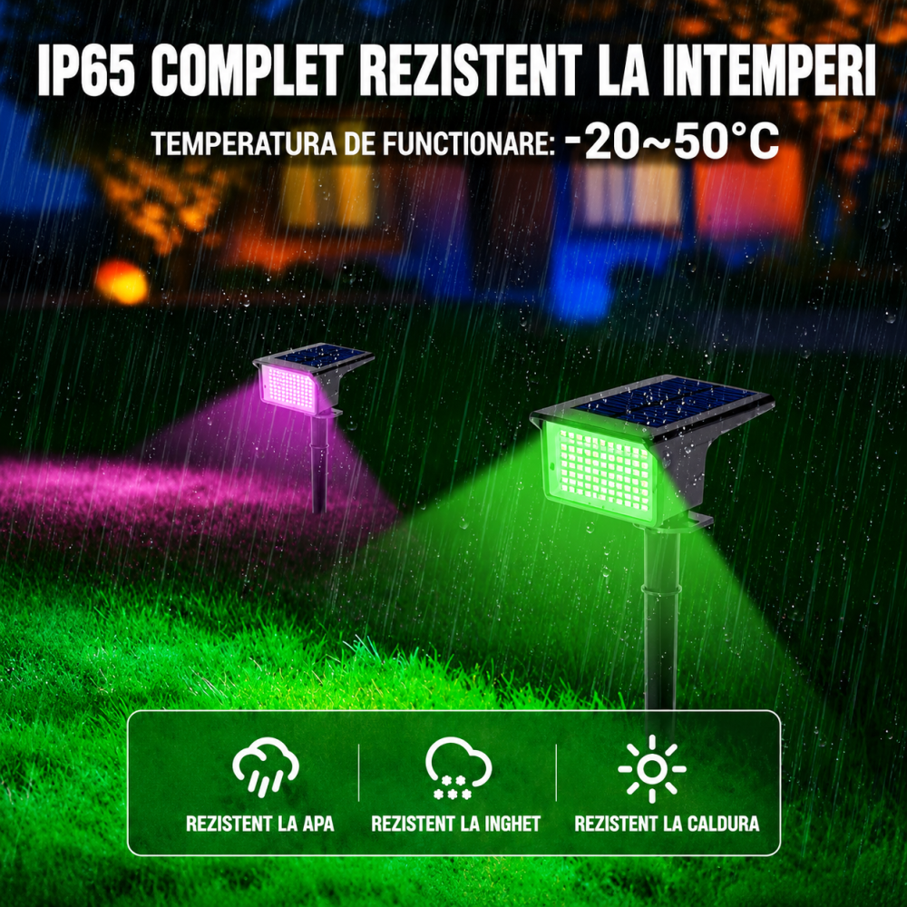 Set 4 Lampi Solare LED RGB Exterior, Proiector solar IP65, 800 lm/Lampa, 7 Moduri RGB, Acumulator 1500 mAh, Panou Solar Senzor Zi/Noapte, IP65, Montaj 2 in 1 Sol/Perete, Gradina, Curte, Alee, Terasa [3]