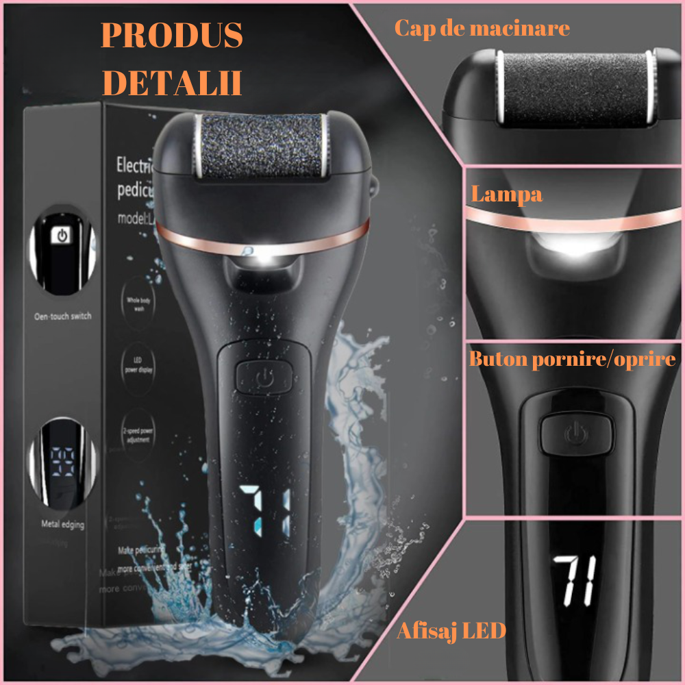 Set pila pentru talpi si calcaie, electrica cu 2 viteze, 3 capete incluse si accesorii, afisaj si lanterna cu led, reincarcabila cu USB, rezistent la apa, Neagra [3]