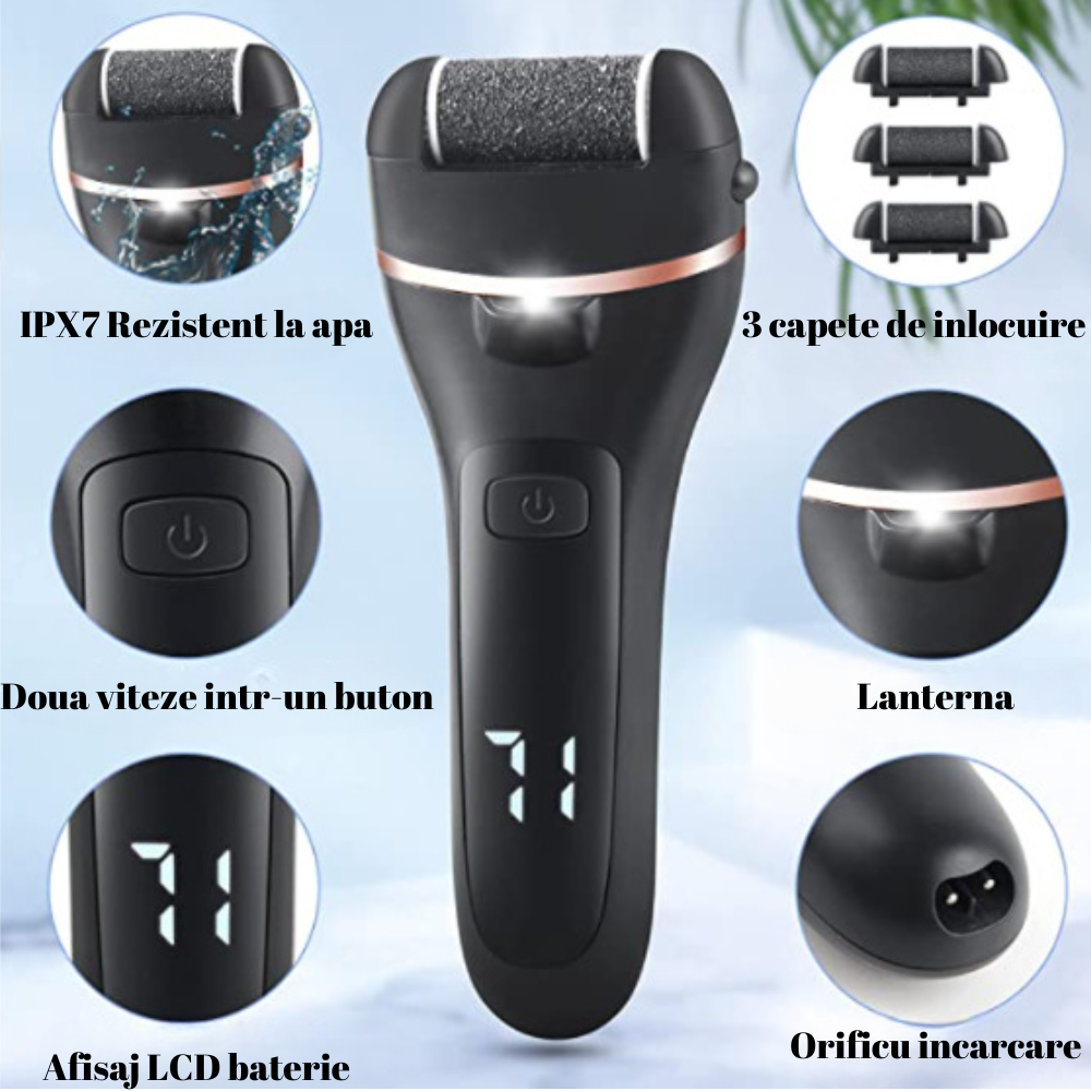 Set pila pentru talpi si calcaie, electrica cu 2 viteze, 3 capete incluse si accesorii, afisaj si lanterna cu led, reincarcabila cu USB, rezistent la apa, Neagra [5]