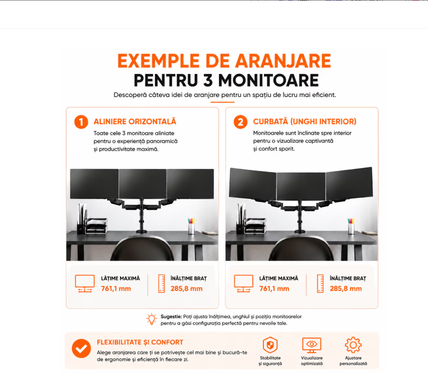 Suport 3 Monitoare Pholiten®, Premium 17–27 Inch, Brate pe Gaz, Reglabil pe Inaltime, Rotire 360°, VESA 75/100, 6 kg/Brat, Suport monitor, Suport 2 monitoare, Negru [5]