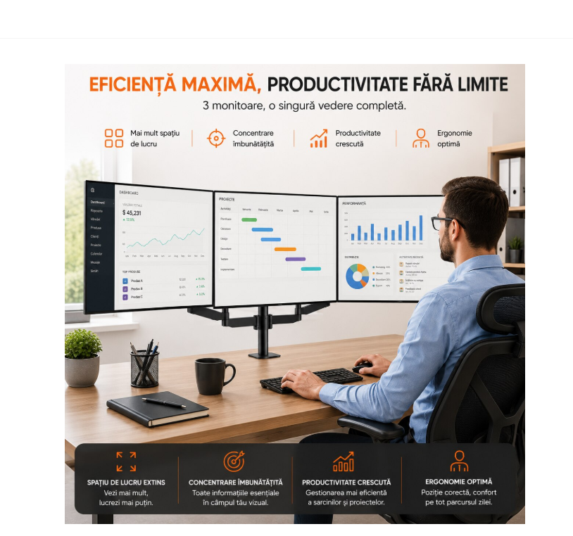Suport 3 Monitoare Pholiten®, Premium 17–27 Inch, Brate pe Gaz, Reglabil pe Inaltime, Rotire 360°, VESA 75/100, 6 kg/Brat, Suport monitor, Suport 2 monitoare, Negru [6]